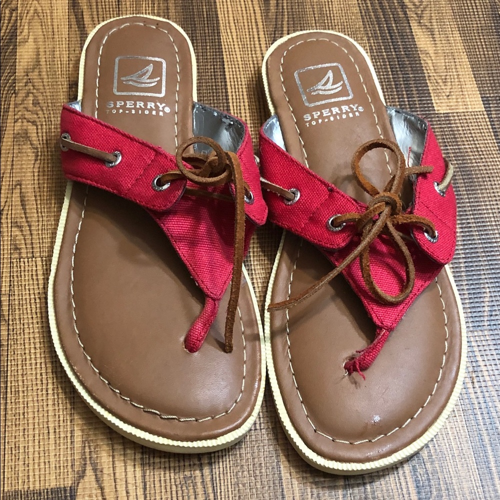 Sperry Red Canvas & Brown Leather Bow Thong Sandals Vintage